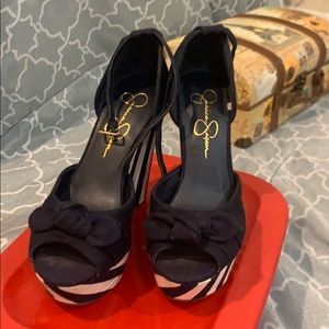 Navy Blue and White w/ Bow Wedges